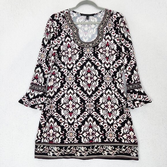 WHBM Dress Womens Medium Black Pink Damask Bell Long Sleeve Mini Shift Casual - Picture 1 of 10